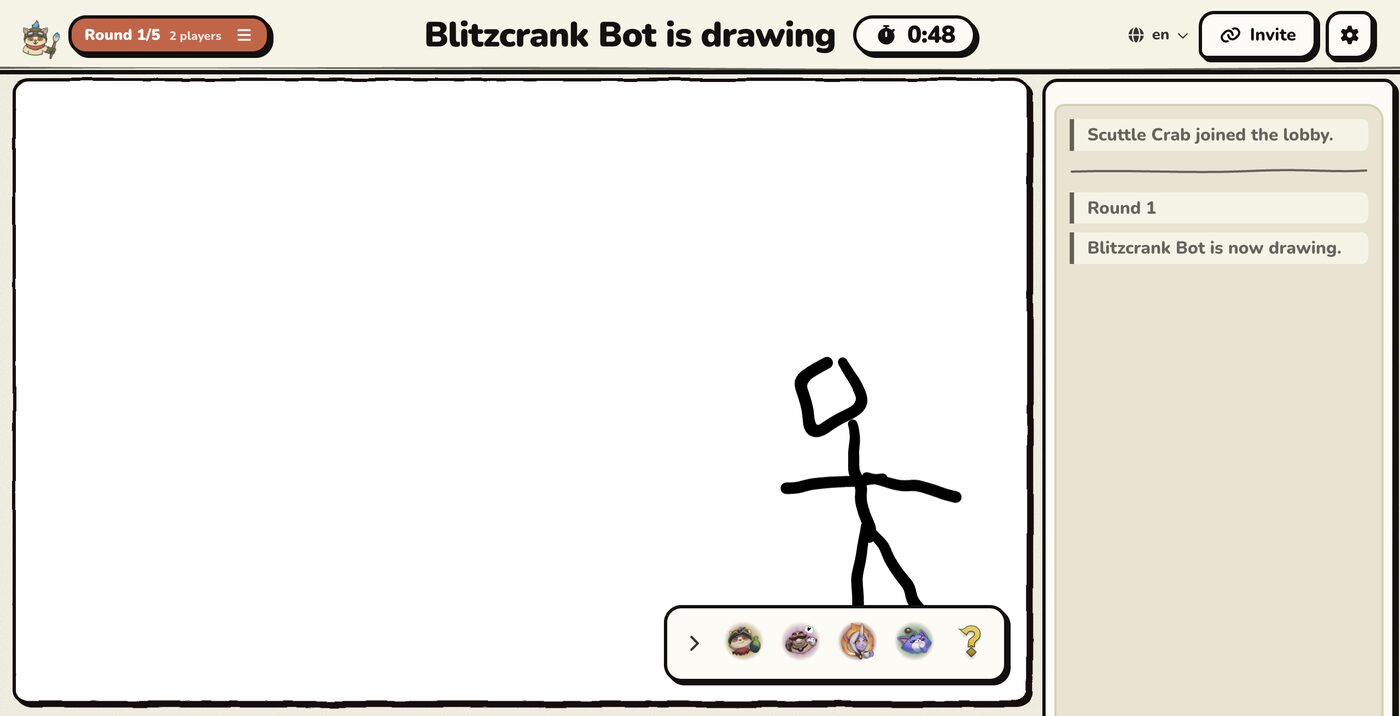 LoL Sketch mid-game: a player draws on a shared canvas while others guess in chat